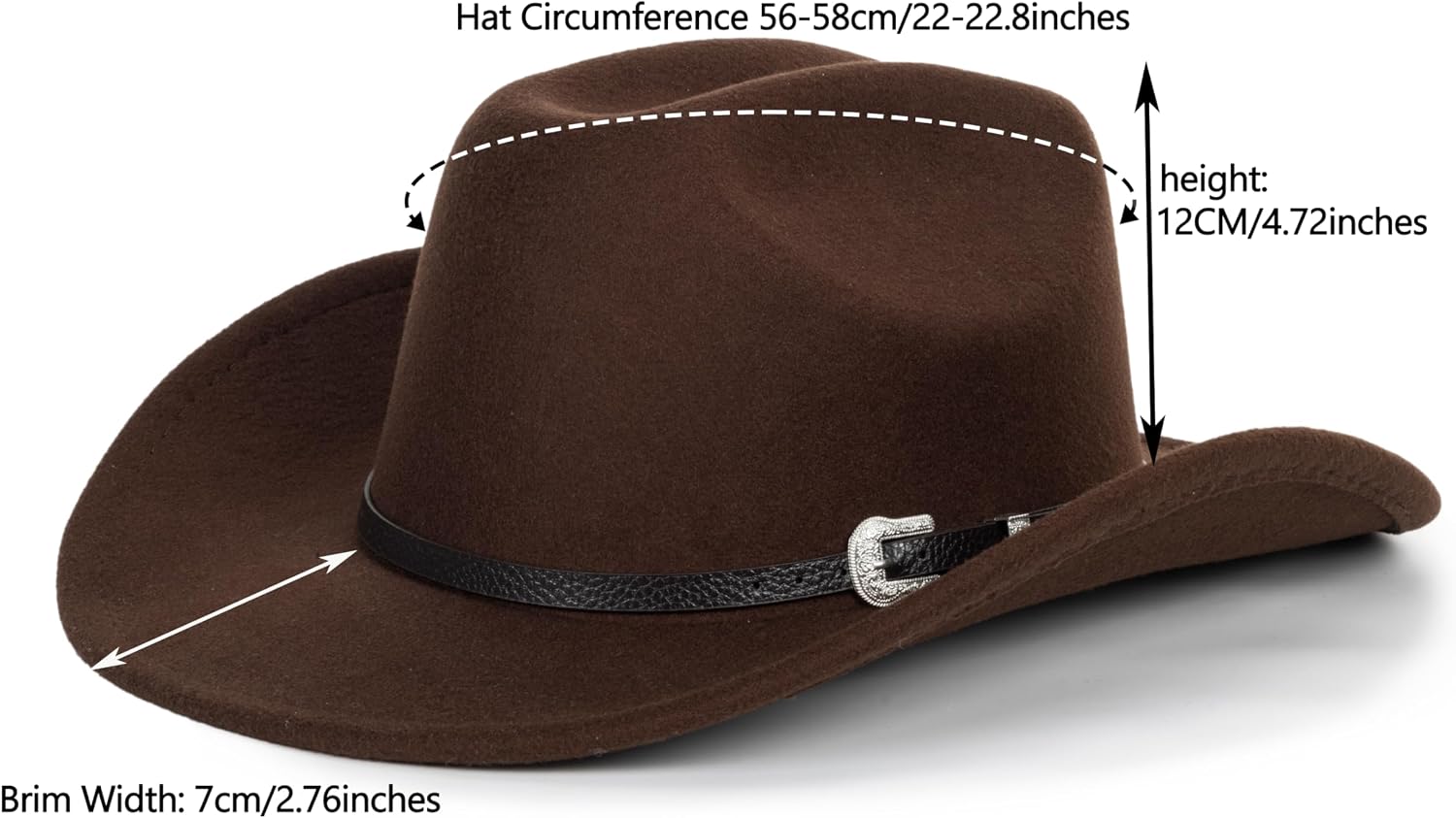 Women-Classic-Western-Cowboy-Shapeable-Hat - Men-Roll-Up-Wide-Brim-Felt-Fedora-Hats-Cowgirl-Hat with Belt Buckle(M-L)