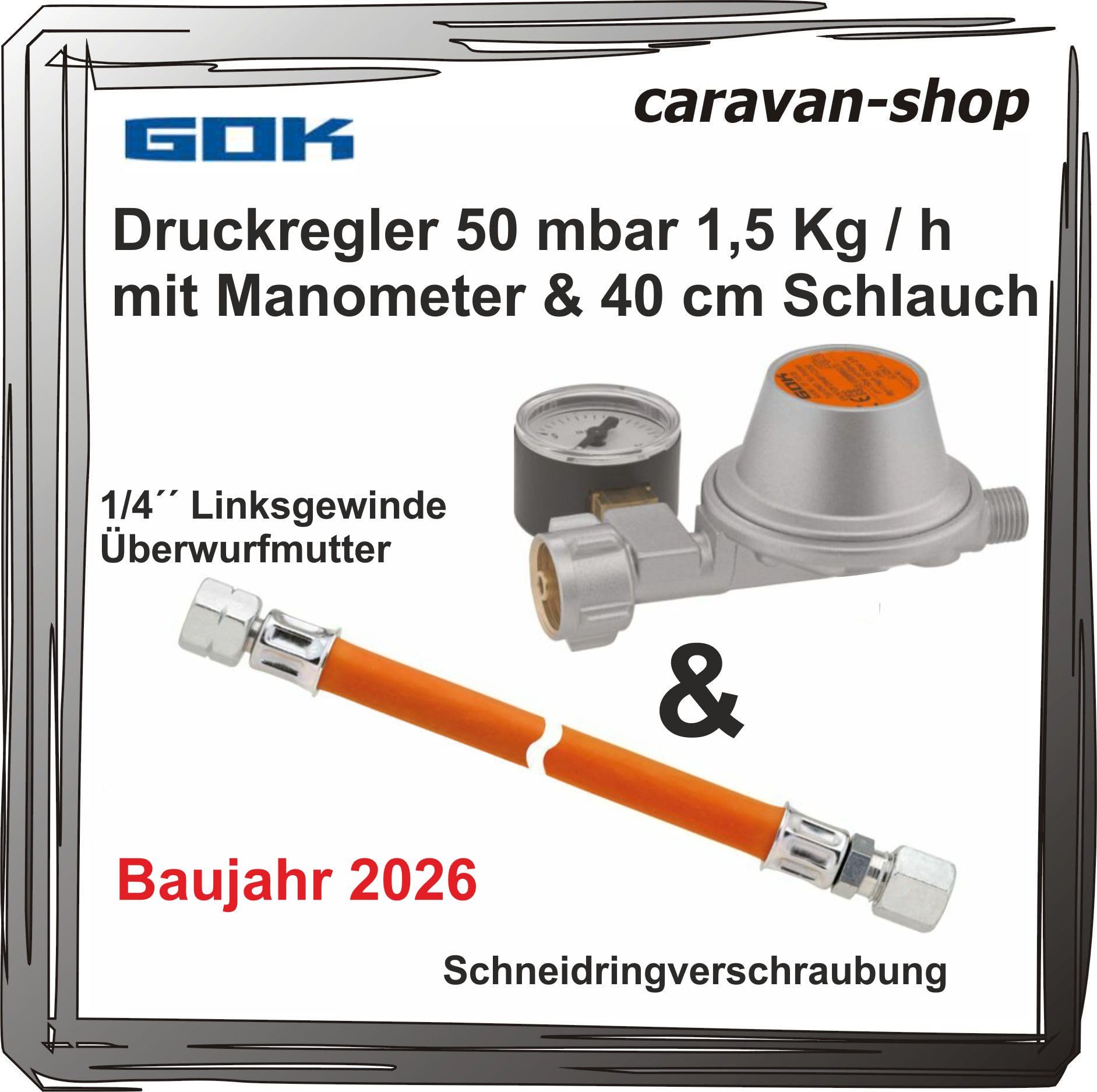 Fahrzeugregler für Caravan Wohnmobil 50 mbar Manometer + Schlauch 40cm Propangas