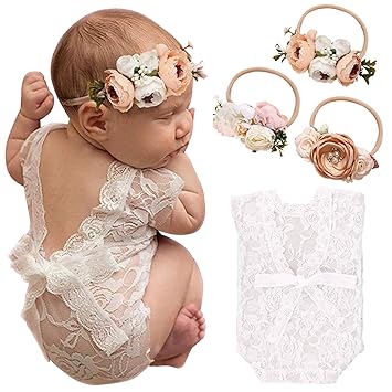 Newborn Baby Cute Lace Rompers Photography Props with Flower Headband Vest Floral Classic Outfits for Girl Princess Twins Birthday Party (4 PCS)