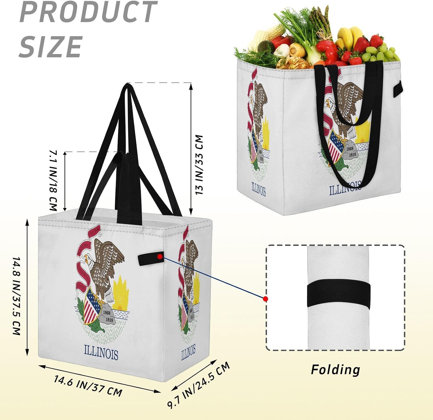 Large Canvas Tote Waterproof Kitchen Grocery Bags Crafts Bag for Women Bridesmaid Presents Illinois State Flag image 5