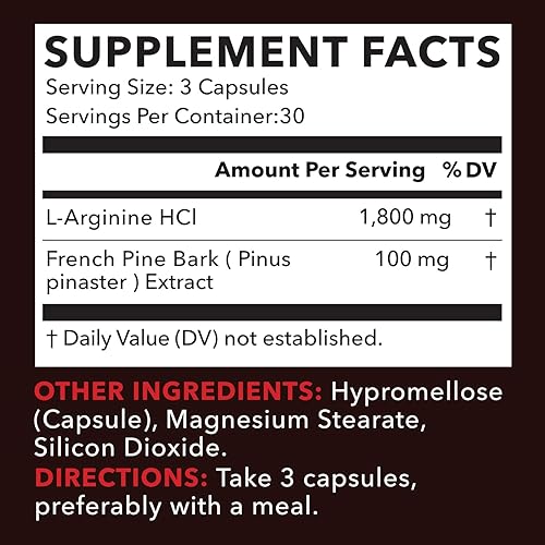 Miniatura 2 de Potente suplemento de óxido nítrico de fórmula 2X con 1,800 mg de L-arginina y 100 mg de corteza de pino francés, para rendimiento y resistencia