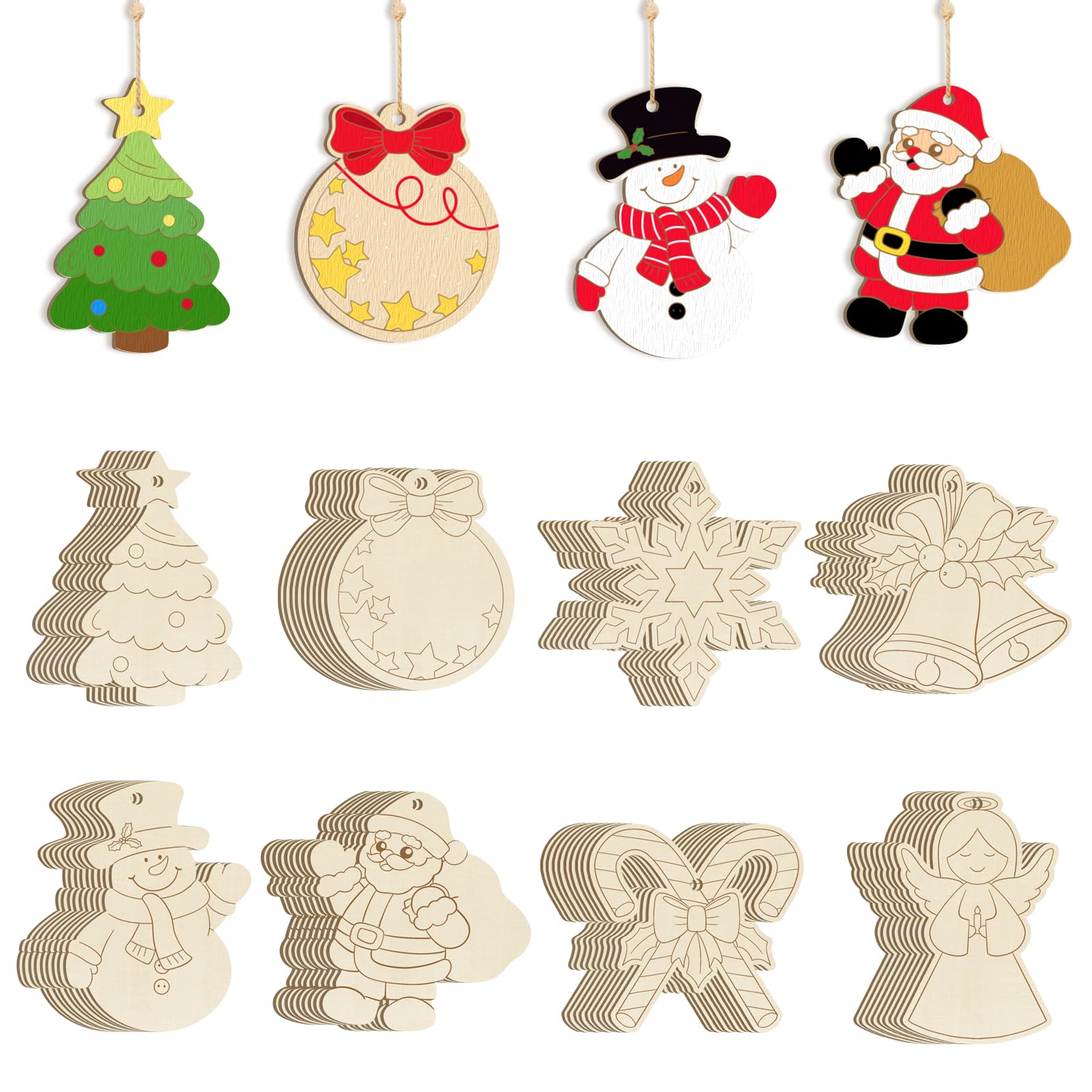 56Pcs Wooden Christmas Ornaments to Paint,8 Styles DIY Unfinished Christmas Crafts Decorations,Blank Hanging Gift Tags Ornaments for Kids Winter Xmas Party Favor Supplies(Angle) — image 1
