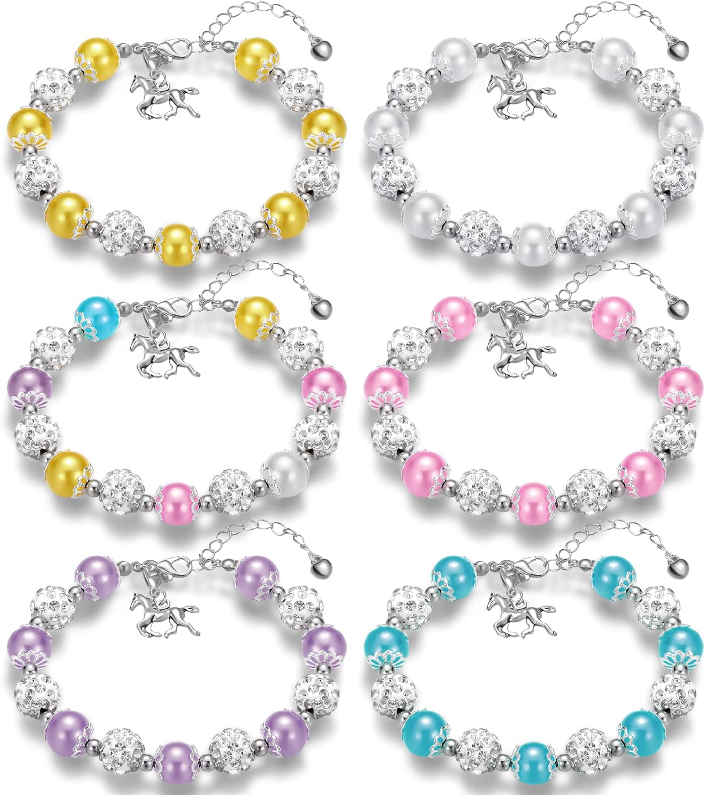 Huquary6 Pcs Valentine's Day Horse Gifts for Girls Beaded Bracelet Bulk Horse Crystal Charm Bracelets Valentine Bead Bangle for Girl Teens Wedding
