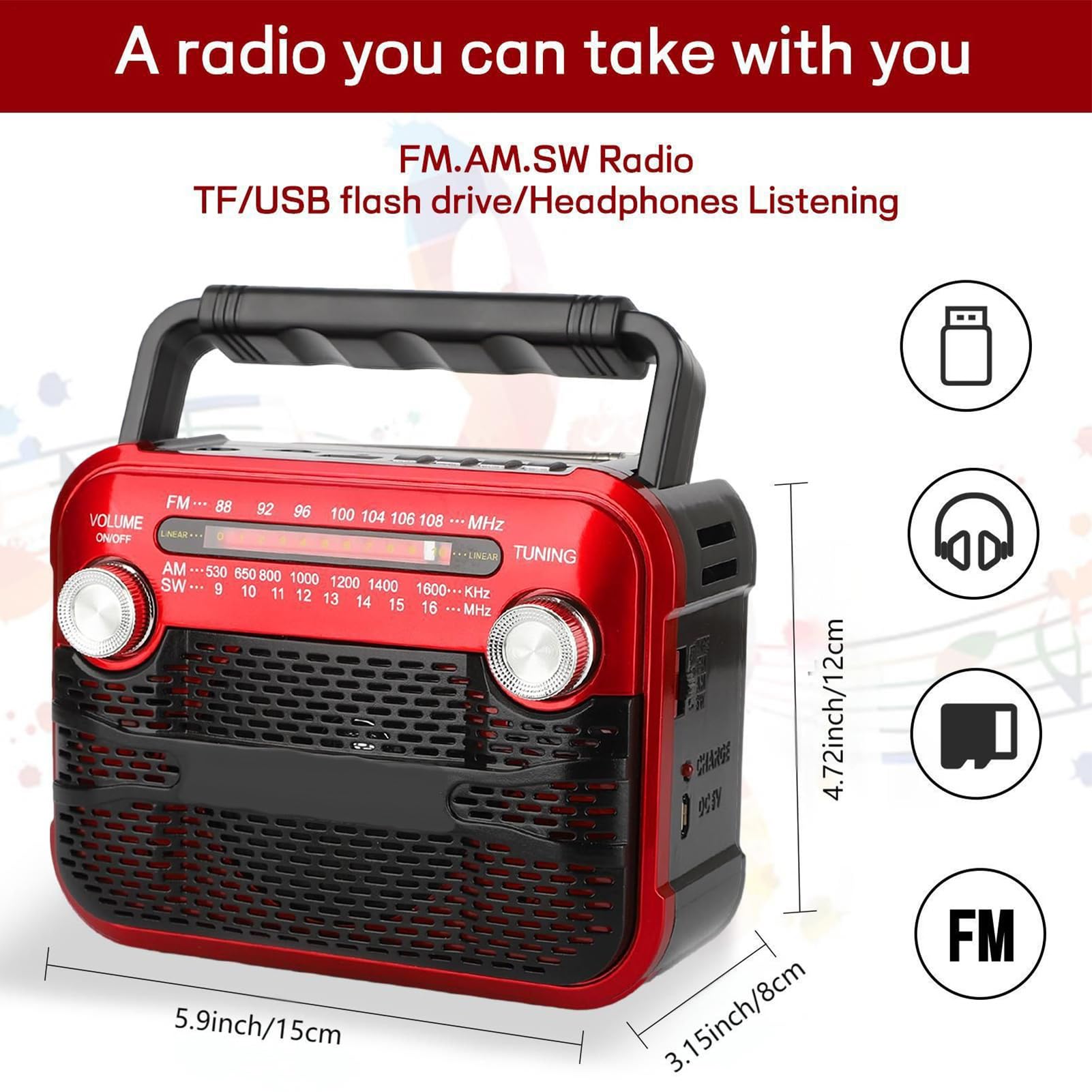 Radio a Manovella Portatile per Esterni con Illuminazione, 3 Modalità, Meteo e Tempesta