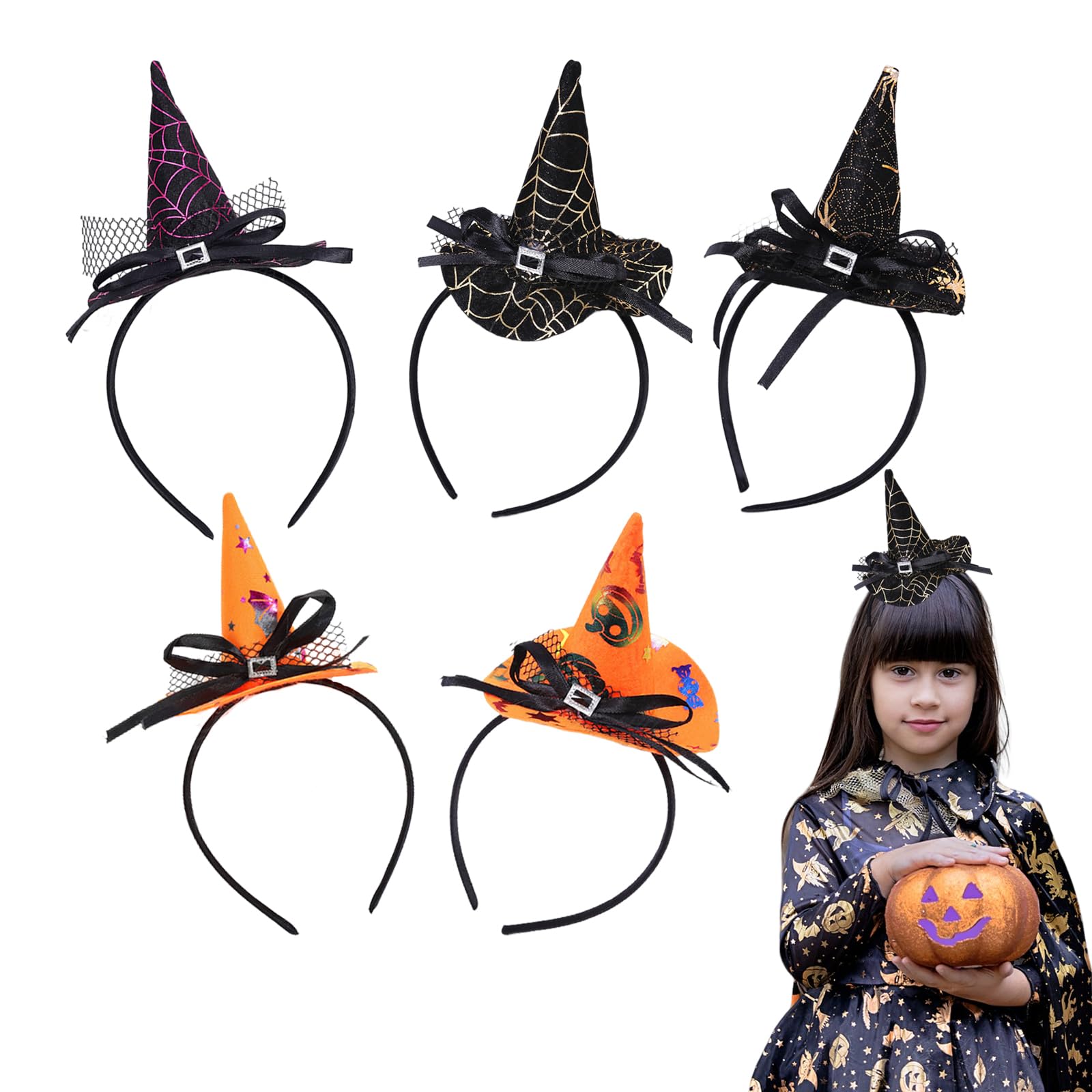 5 PCS Halloween Witch Hat Headbands Halloween Headbands Pumpkin Spider Web Headband for Women Halloween Costume Party Dress up Masquerade Supplies