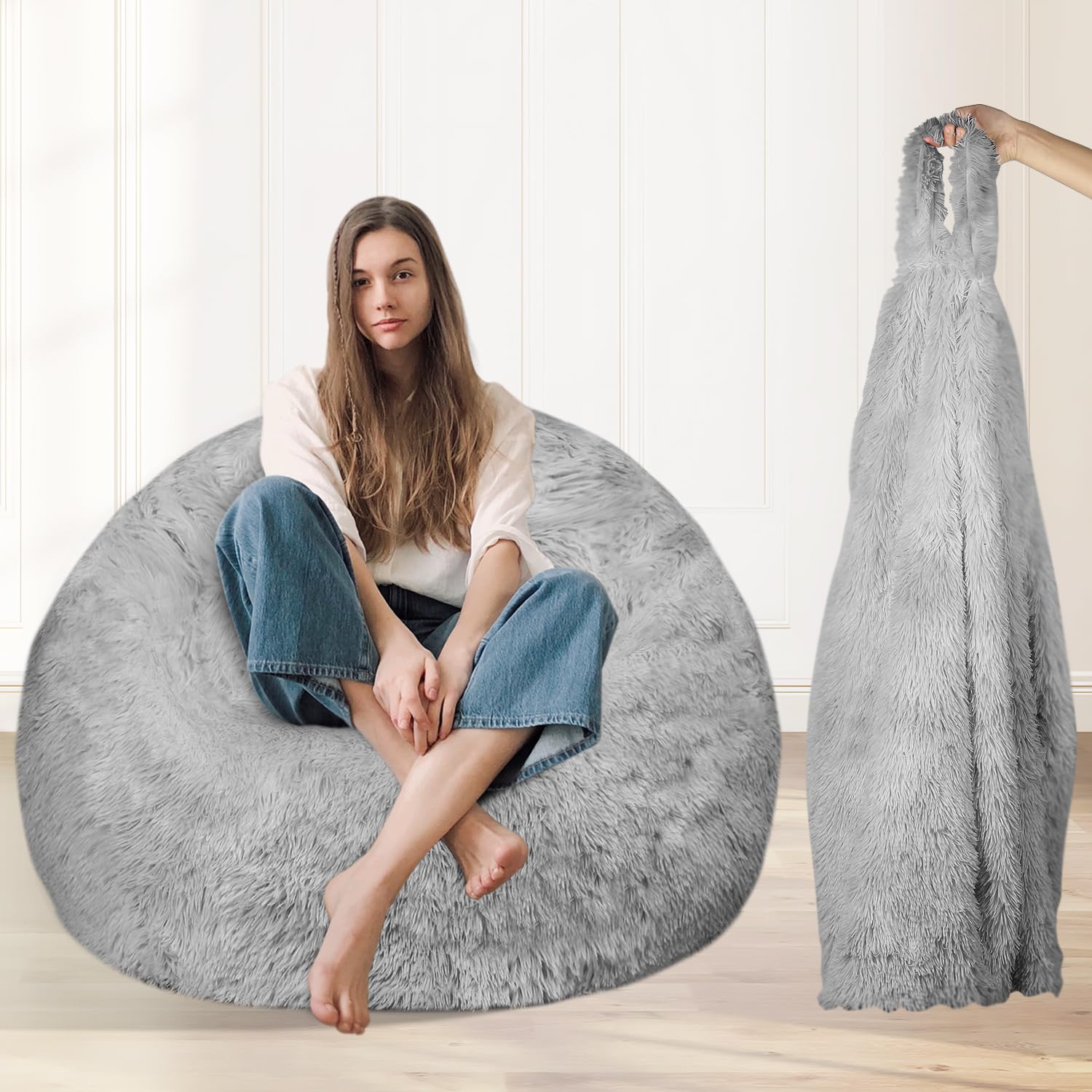 TRAVEVA Fluffy Faux Fur Bean Bag Chair Cover for Living Room(No Filler), Bean Bag Chairs Cover for Kids/Teens,Premium Furry Anti-Slip Bean Bag Cover