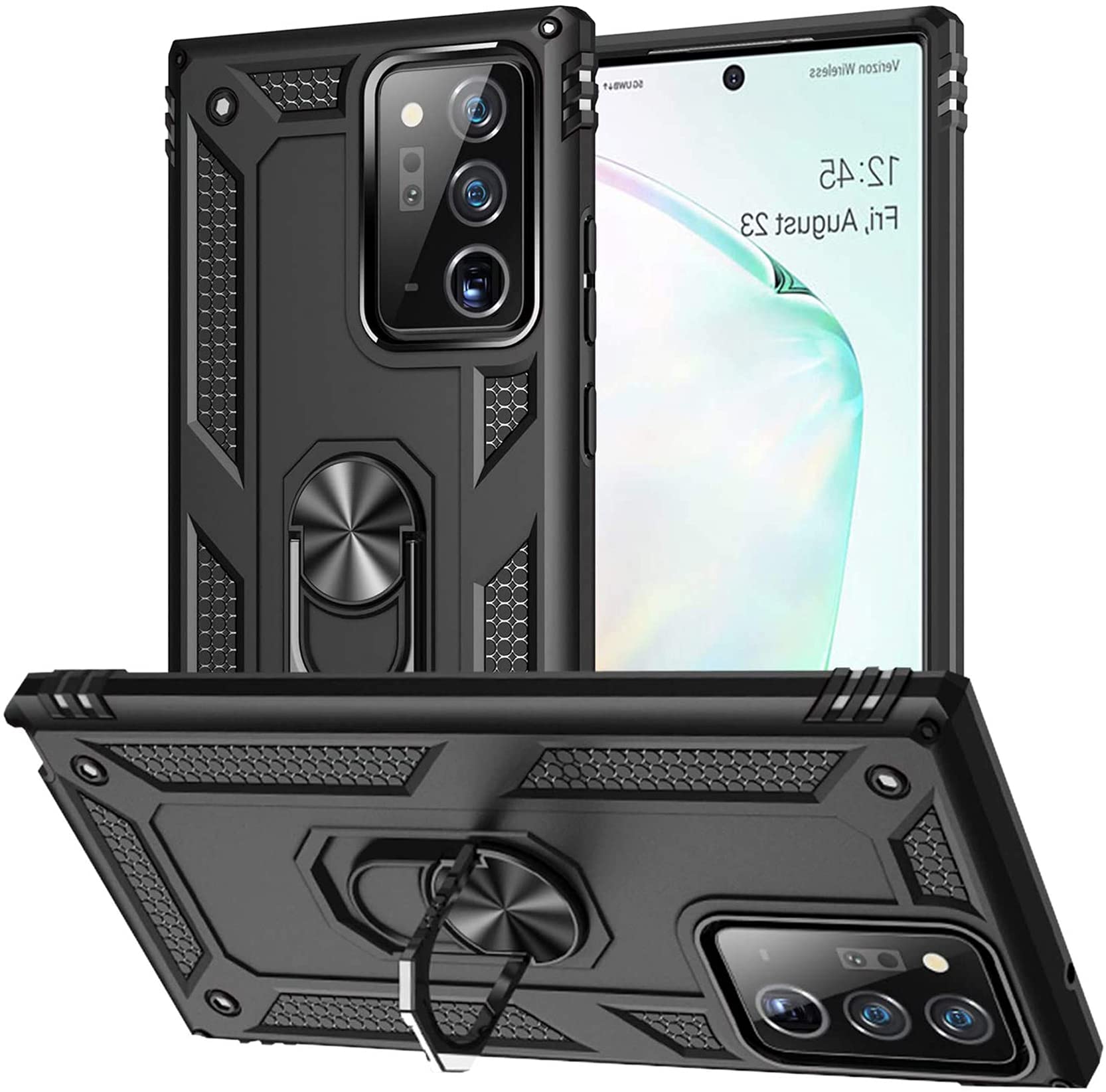 Case for Samsung Galaxy Note 20 ULTRA with Tempered Glass Screen Protector,Ring Holder Protective Silicone Shockproof Tough Armor Hard Phone Cover,Black