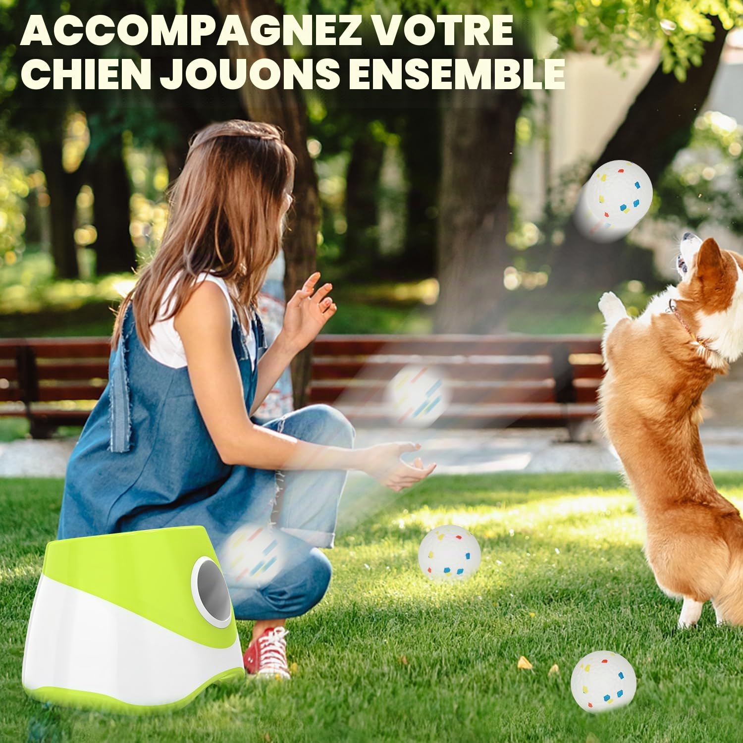 Lanceur de balles pour chien, Lanceur automatique de balles pour chien avec 3 distances de lancer de 6-14 m, Jouet interactif pour petits chiens à l'intérieur et à l'extérieur avec 3 mini