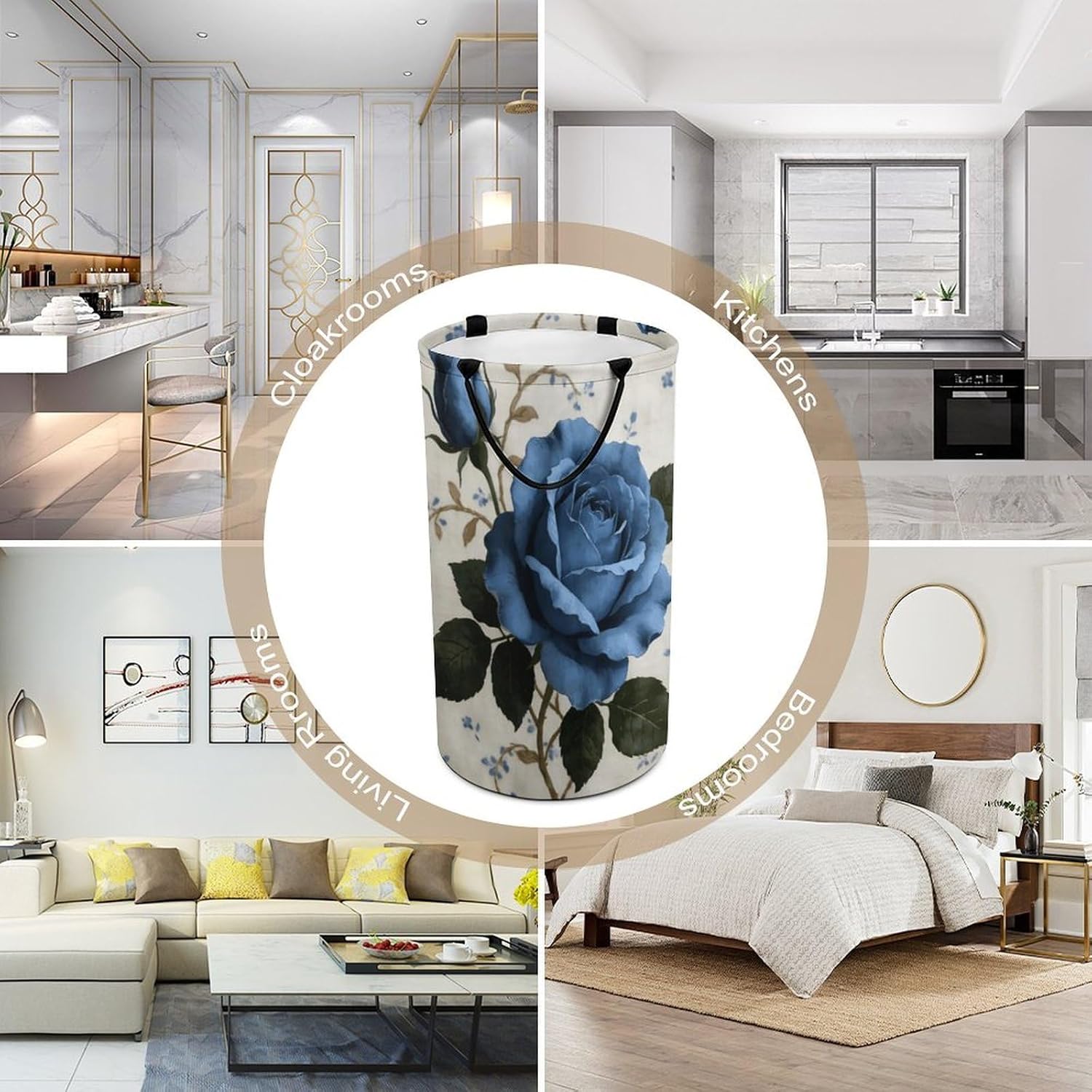 Rustic Blue Floral Laundry Hamper with Handles Waterproof Collapsible Laundry Basket Large Lightweight Round Dirty Clothes Hamper for Home Dorm Bathroom Decor