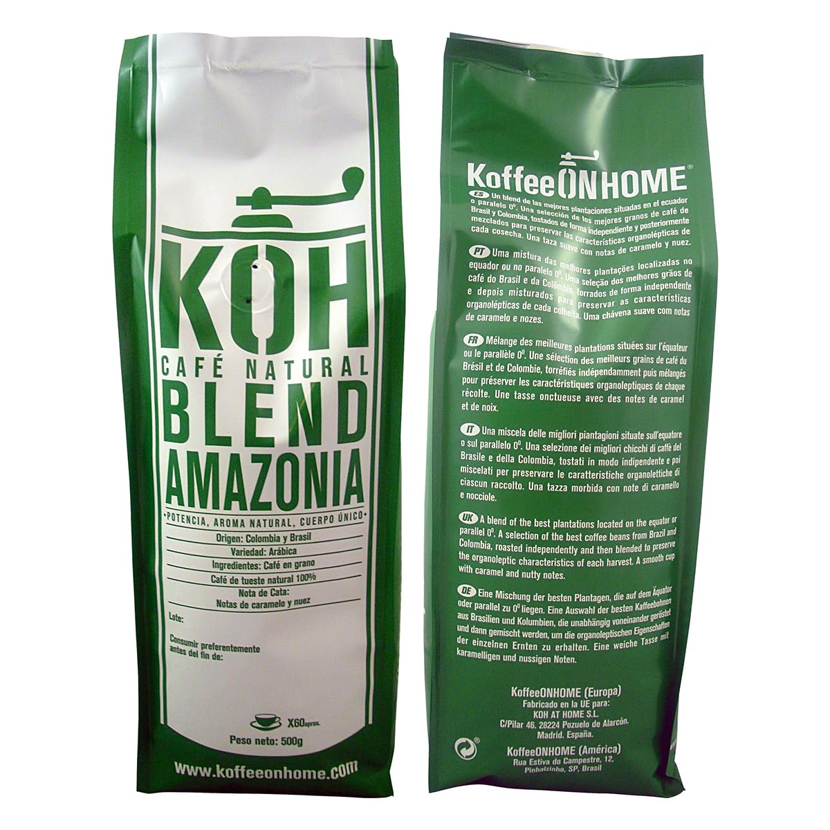 KoffeeONHOME Café en Grano 100% Arábica, Blend Amazonia, Tueste Natural, 4 Paquetes de 500 gr - 2 Kg