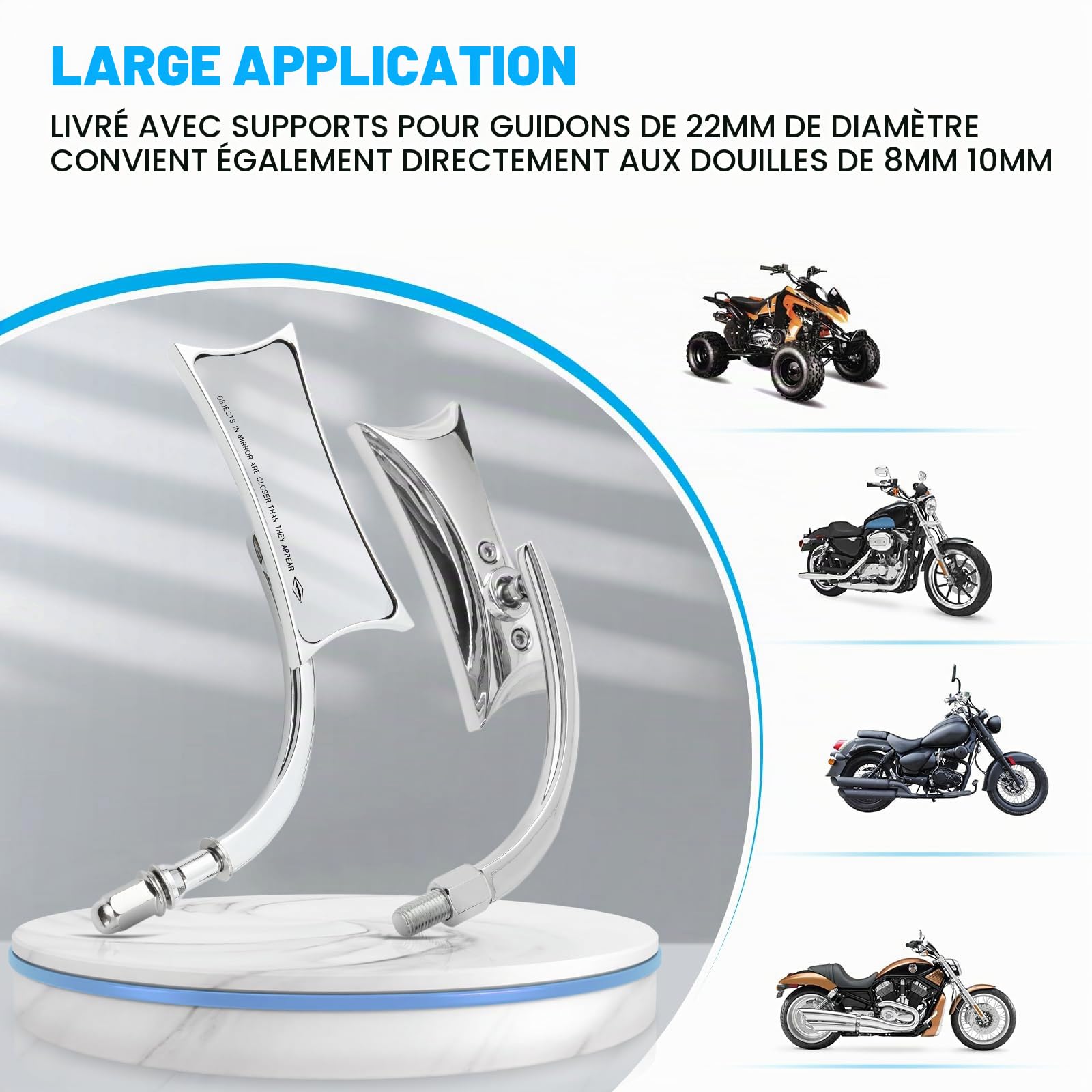 Rétroviseurs de Moto Chrome, Latéraux de Rétroviseur de Moto M10 de Forme Irrégulière Compatibles avec Harley Sportster Custom Iron 883 Road King Street Softail et Electra Glide