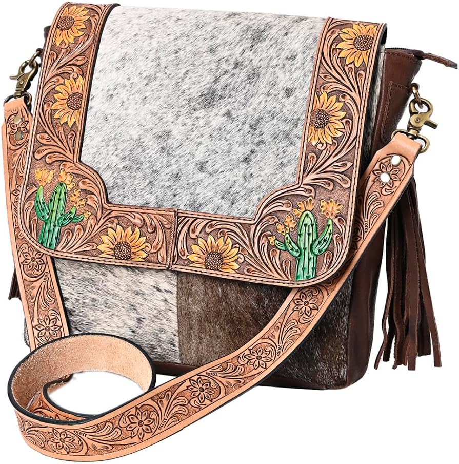 American Darling Messenger Hair on Hand Tooled Genuine Leather Western Women Bag Handbag Purse | Cute