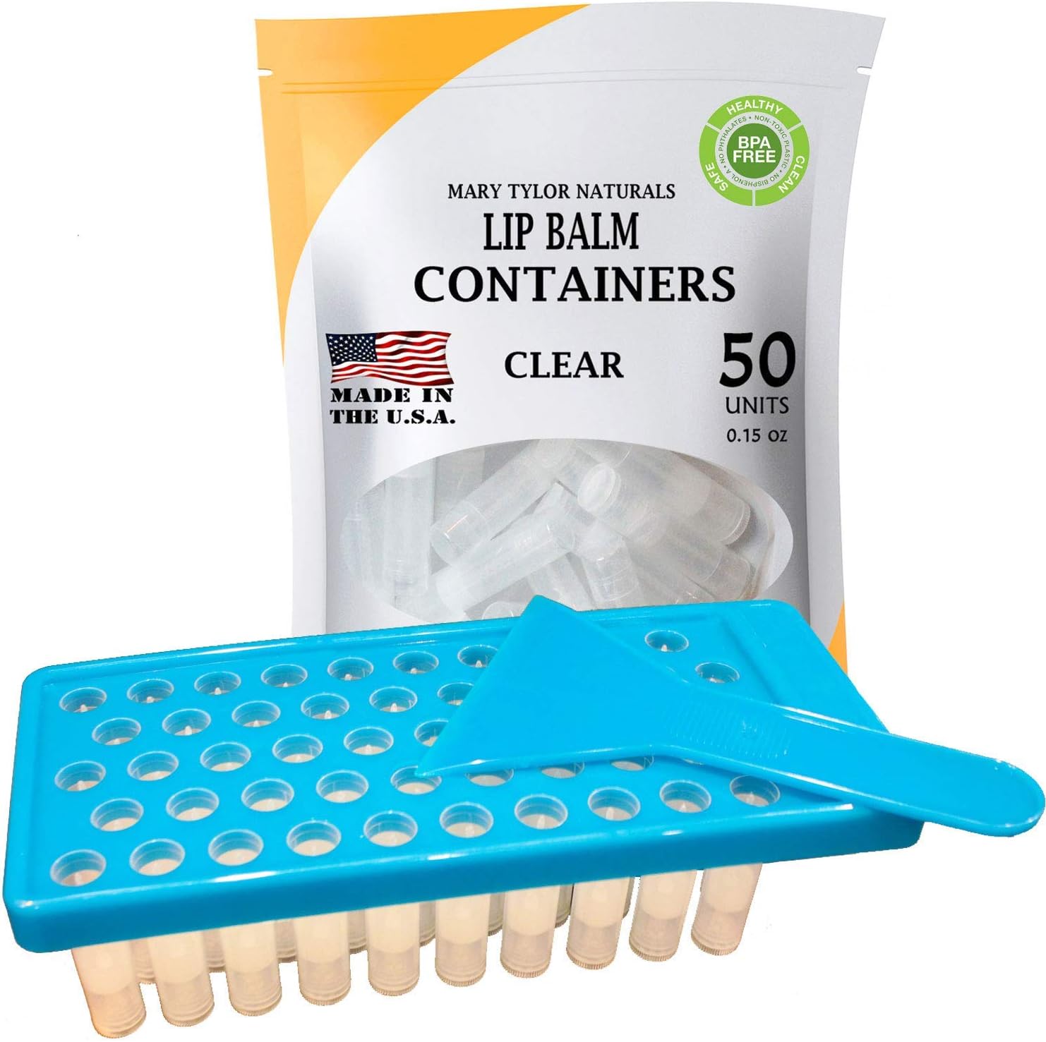 Lip Balm Container Tray Kit with Fill Tray and Spatula, BPA Free, Made in the USA, Includes 50 Clear Containers with Caps (0.15 oz each) by Mary Tylor Naturals
