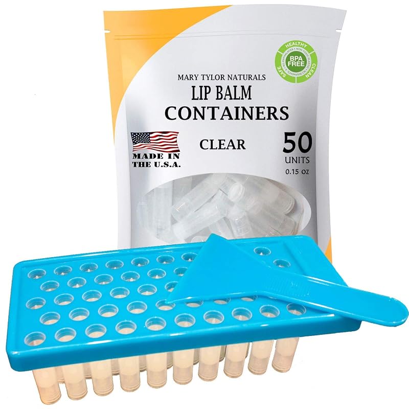 Kit de bandeja para preenchimento de frascos de bálsamo labial Mary Tylor Naturals com espátula e 50 frascos transparentes de 4,3 mL com tampas
