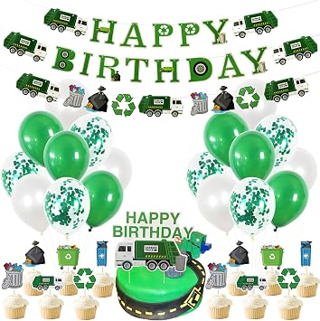 KEFAN Trash Truck Party Decorations, Garbage Truck Birthday Party Supplies with Happy Birthday Banner, latex Balloons, cupcake Toppers, for Kids Waste Management Recycling Birthday Party Decor