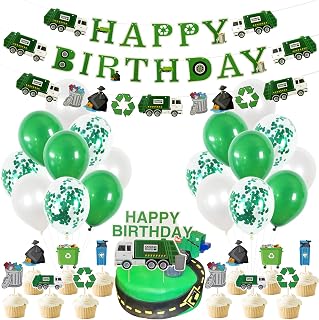 KEFAN Trash Truck Party Decorations, Garbage Truck Birthday Party Supplies with Happy Birthday Banner, latex Balloons, cupcake Toppers, for Kids Waste Management Recycling Birthday Party Decor