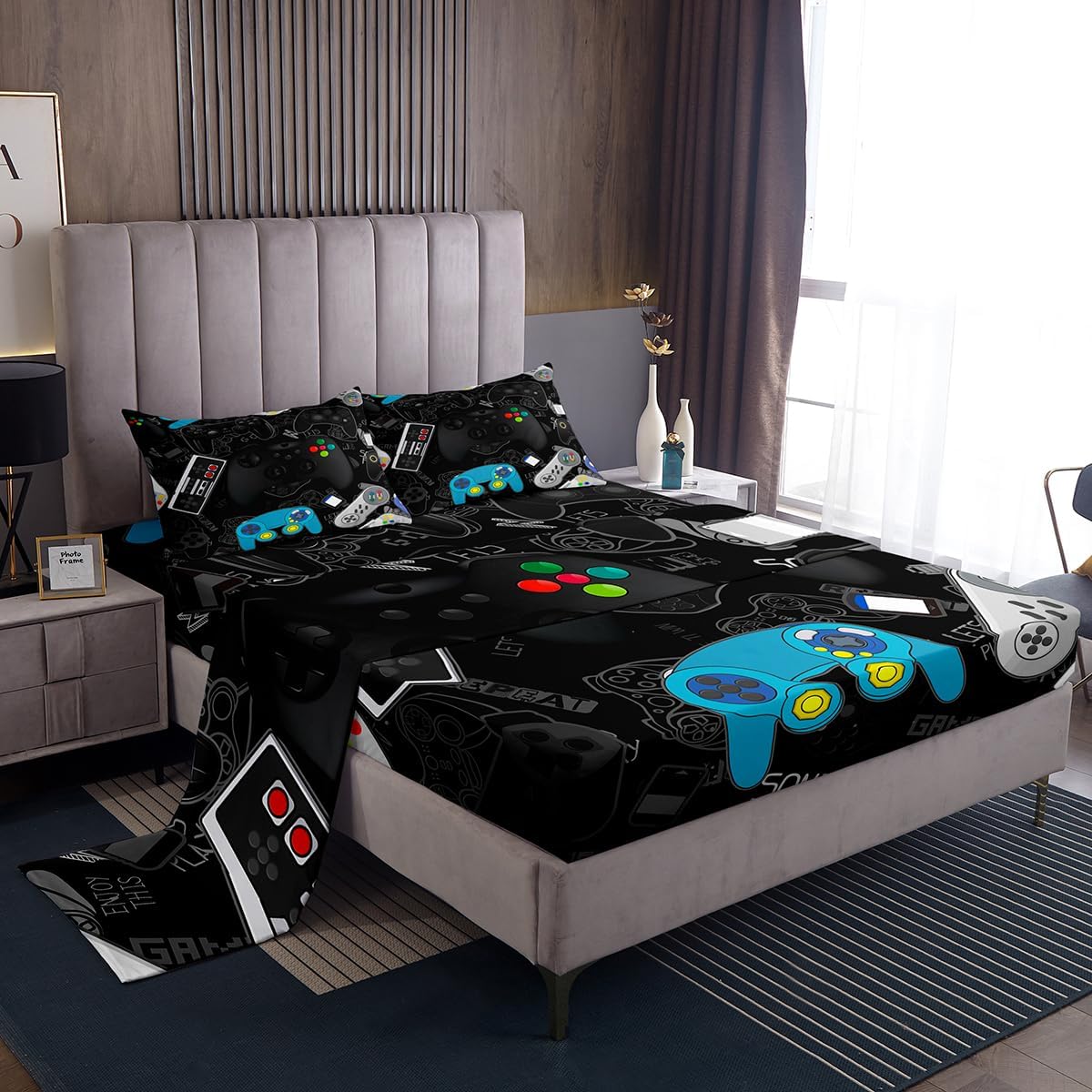 Manfei Boys Gaming Gamepad Sheet Twin,Video Games Controller Bedding Set for Kids Teens Gamer Room Decor, Watercolor Graffiti Stylish Cool 3pcs(Deep Pocket Fitted Sheet + Flat Sheet + 1 Pillowcase) image 3