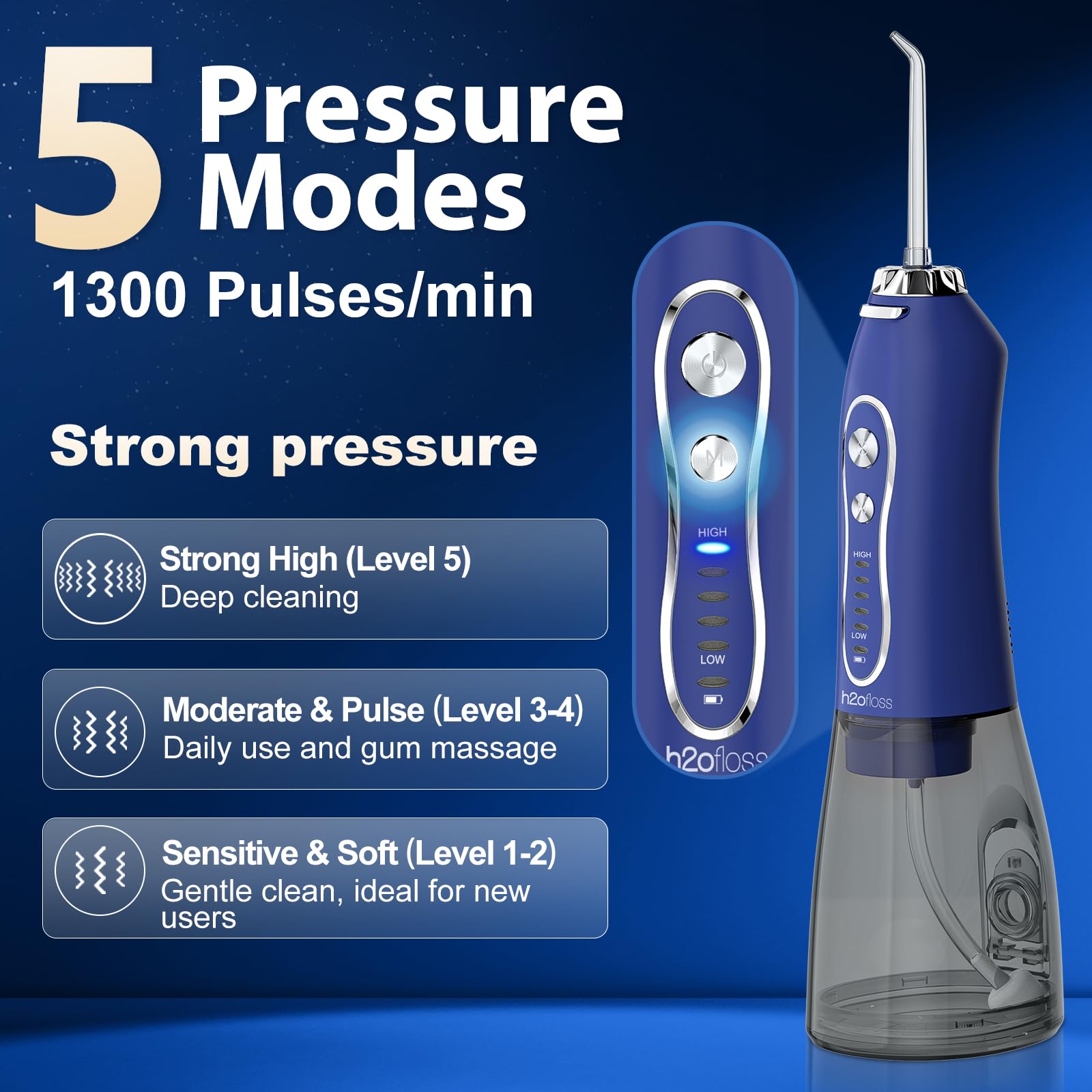 H2ofloss Hydropulseur dentaire pour dents : 5 modes sans fil, portable, 300 ml, nettoyeur de dents étanche IPX7, pour la maison, les voyages, bleu foncé