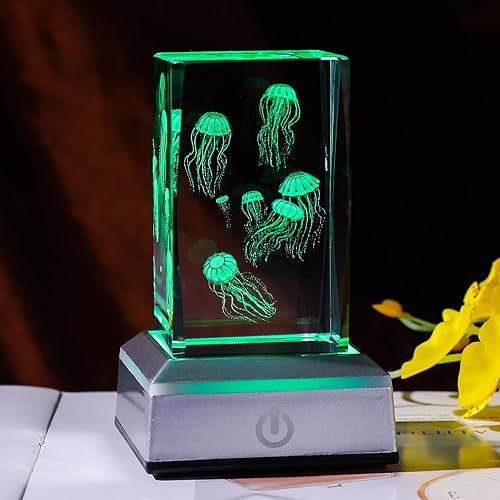 Miniatura 3 de LONGWIN Figuras de medusas de cristal 3D, luz nocturna multicolor, regalos grabados con láser de vidrio para niños y niñas en cumpleaños, Navidad,