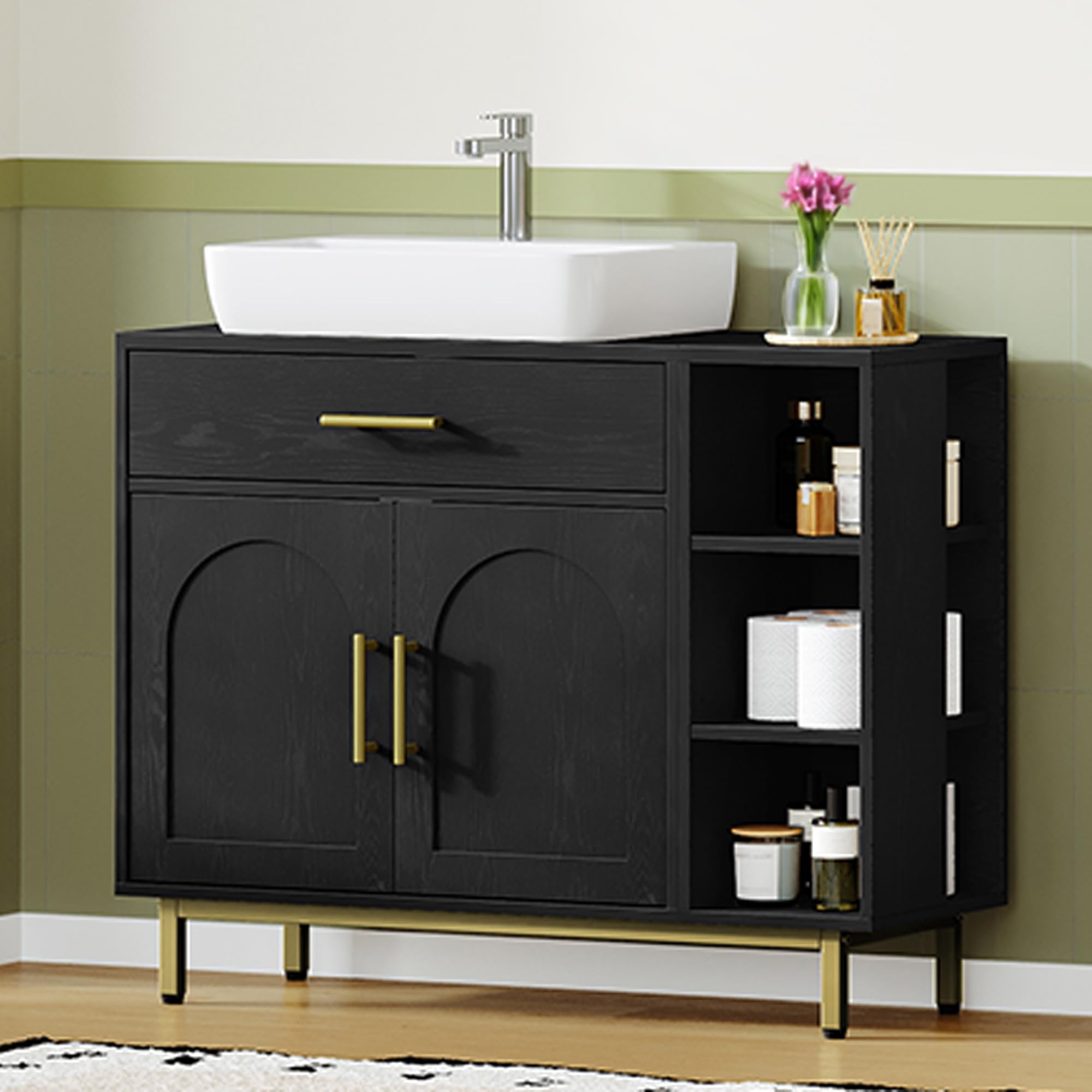 Hzuaneri Mobile Sottolavabo per Bagno, Mobiletto da Bagno, 1 Cassetto 2 Ante, Scomparto Aperto con 3 Livelli, Scomparto regolabile, 30 x 80 x 64 cm, Nero BC28804G