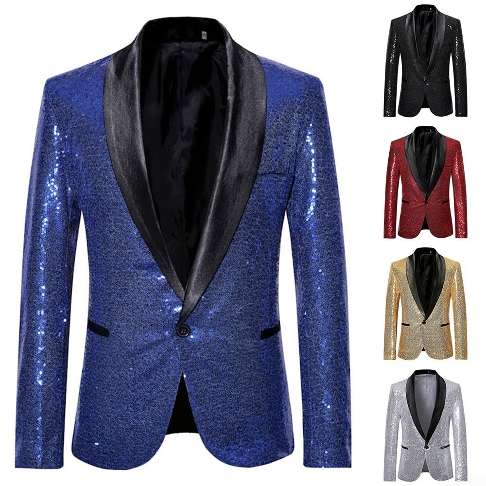 Blazer Uomo In Poliestere Con Paillettes E Glitter – Giacca Elegante Per Discoteca, Feste E Serate, Taglie M-2XL, Colore Oro, Effetto Brillante