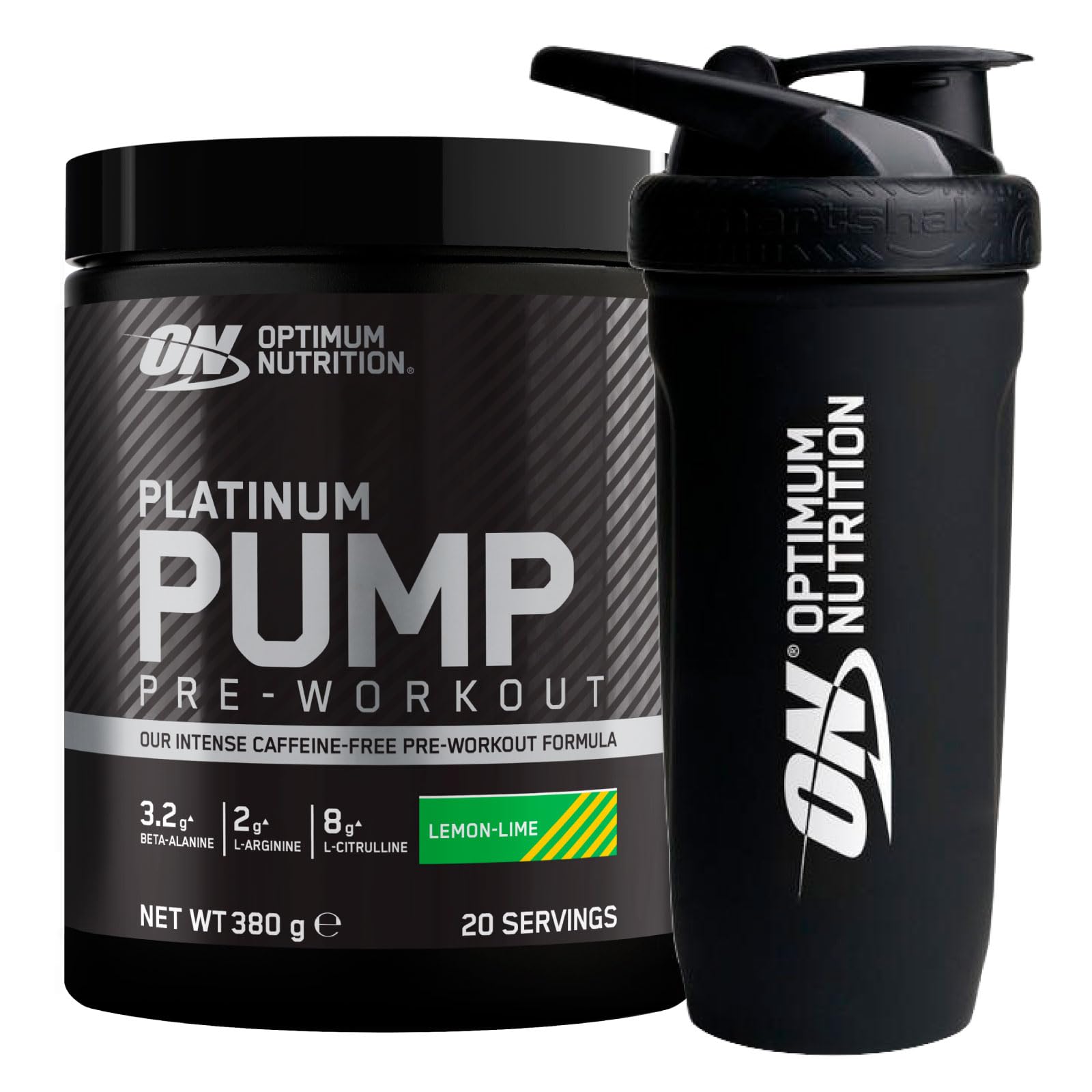 Optimum Nutrition Platinum Pump Pre-Workout Gusto Limone e Lime 380g 20 Porzioni Senza Caffeina in Polvere Aumenta Concentrazione e Prestazioni Fisiche Riduce la Stanchezza + REFORCE STEEL SHAKER