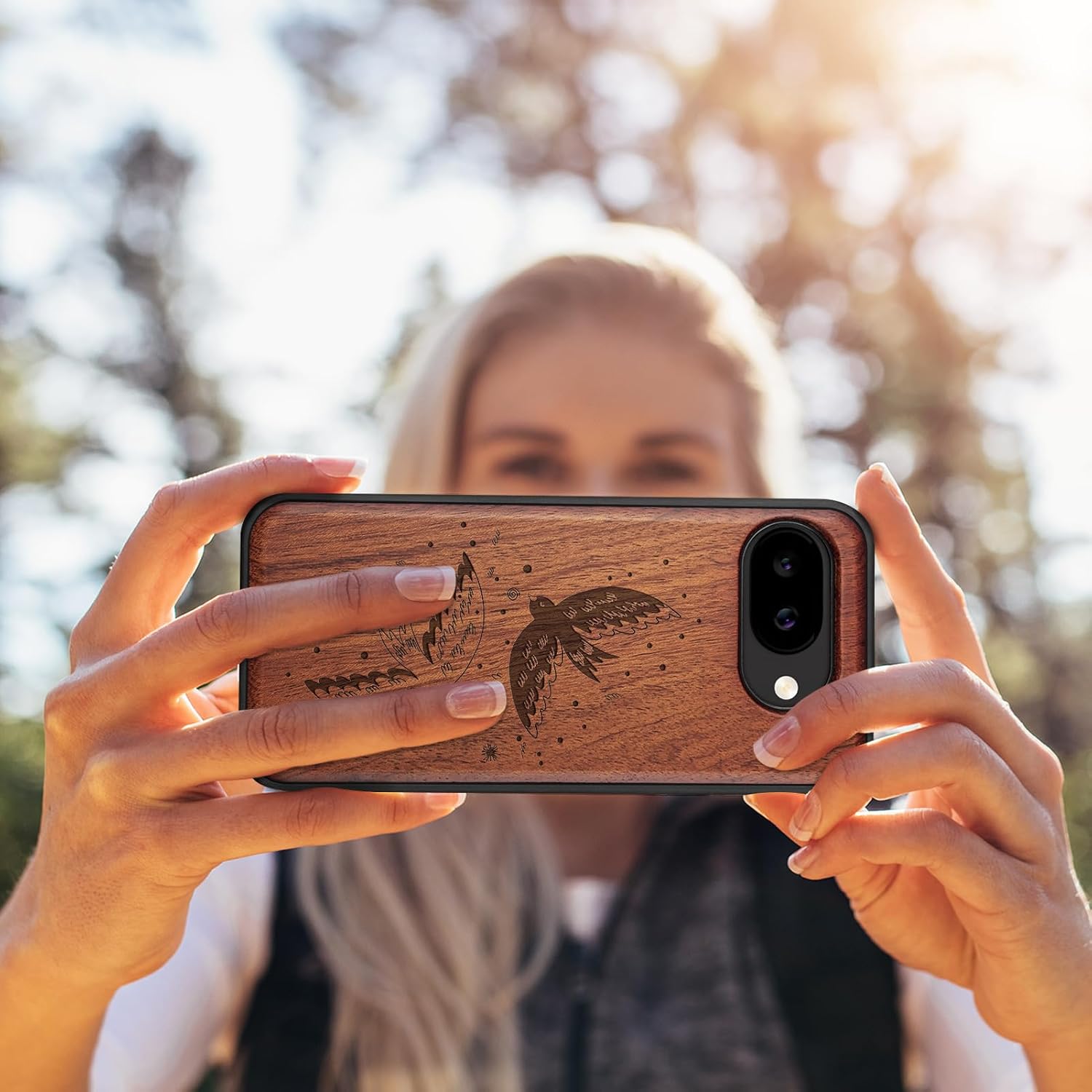 Carveit Magnetic Wooden Case for Google Pixel 10a Case, Wood Artisan Engraved & Soft TPU Shockproof Cover, Compatible with MagSafe Wireless Chargers (Harmony of Two Birds in Motion) Rosy