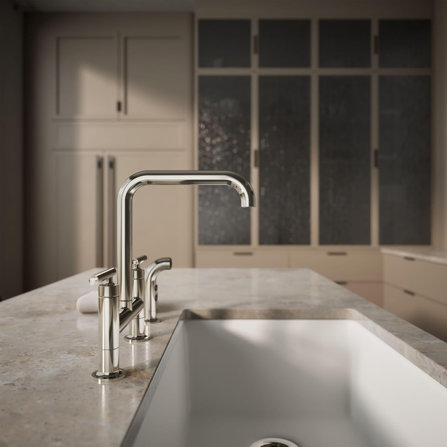 KOHLER Purist Two-Hole Bridge Kitchen Sink Faucet With Side Sprayer