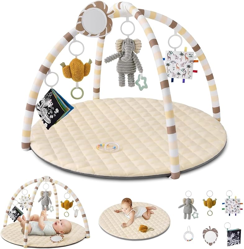 Blissful Diary Tapis d'éveil Bébé avec Arche Amovible, Tapis Éveil Bébé 6 Jouets - Développement Sensoriel et Moteur Progressif, Cadeau pour Nouveau Né, Enfant, Fille et Garçon, Beige