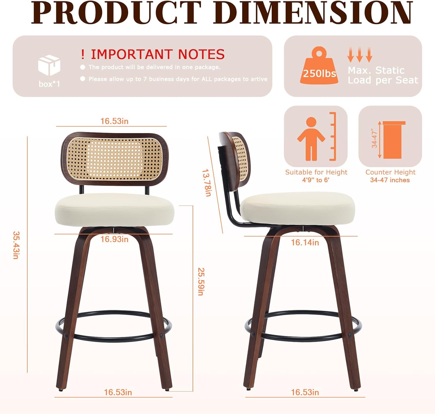 Swivel Bar Stools Set of 3,26" Rattan Counter Height Stools with Cane&Walnut Back, Faux PU Leather Counter Barstools with Bentwood Legs for Island/Kitchen/Counter/Bar,Beige