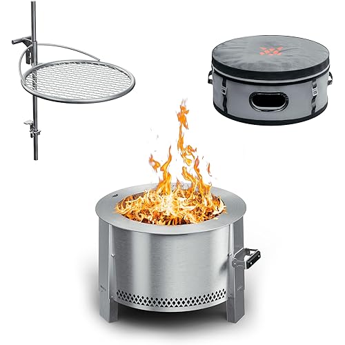 Breeo Smokeless Fire Pit to-Go Bundle (Y Series Stainless Steel, Outpost Grill & to Go Case) | 21 inch Smokeless Firepit for Outside | Ideal for Families