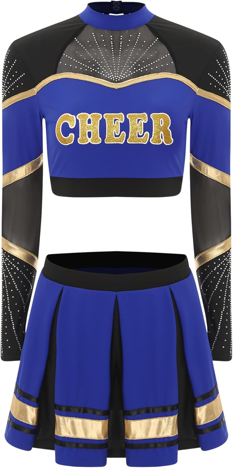 Womens Cheer Leader Costume Cheerleading Outfit Uniform Crop Tops with Pleated Skirt Dancewear