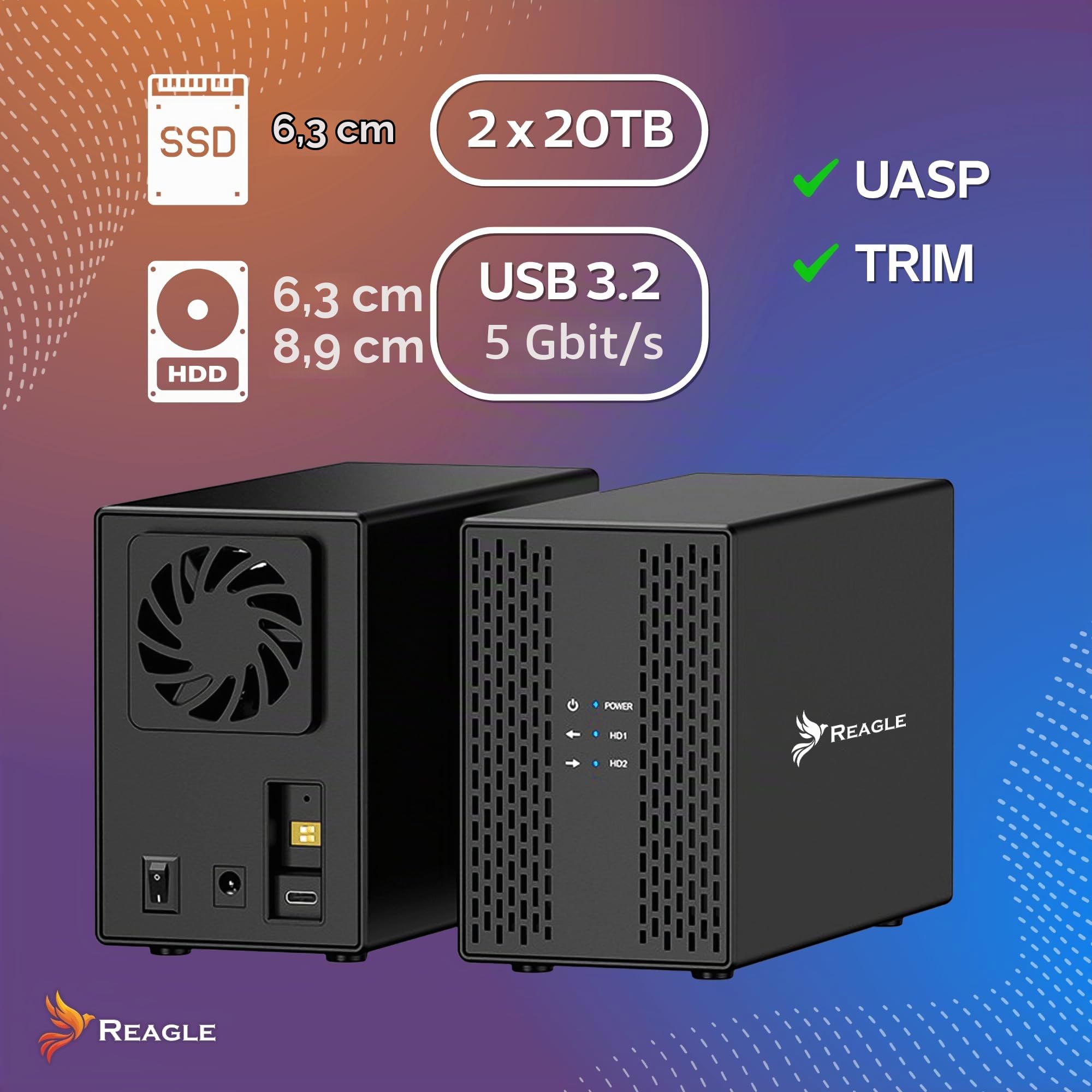 REAGLE Festplattengehäuse für 2,5 Zoll, 2X 3.5 SATA I, II, III USB 3.2 HDD-Gehäuse SSD 2X 20TB, UASP und Trim Unterstützen, 12 V/ 3A 36W Netzteil, Hot-Swapping Festplatte Gehäuse