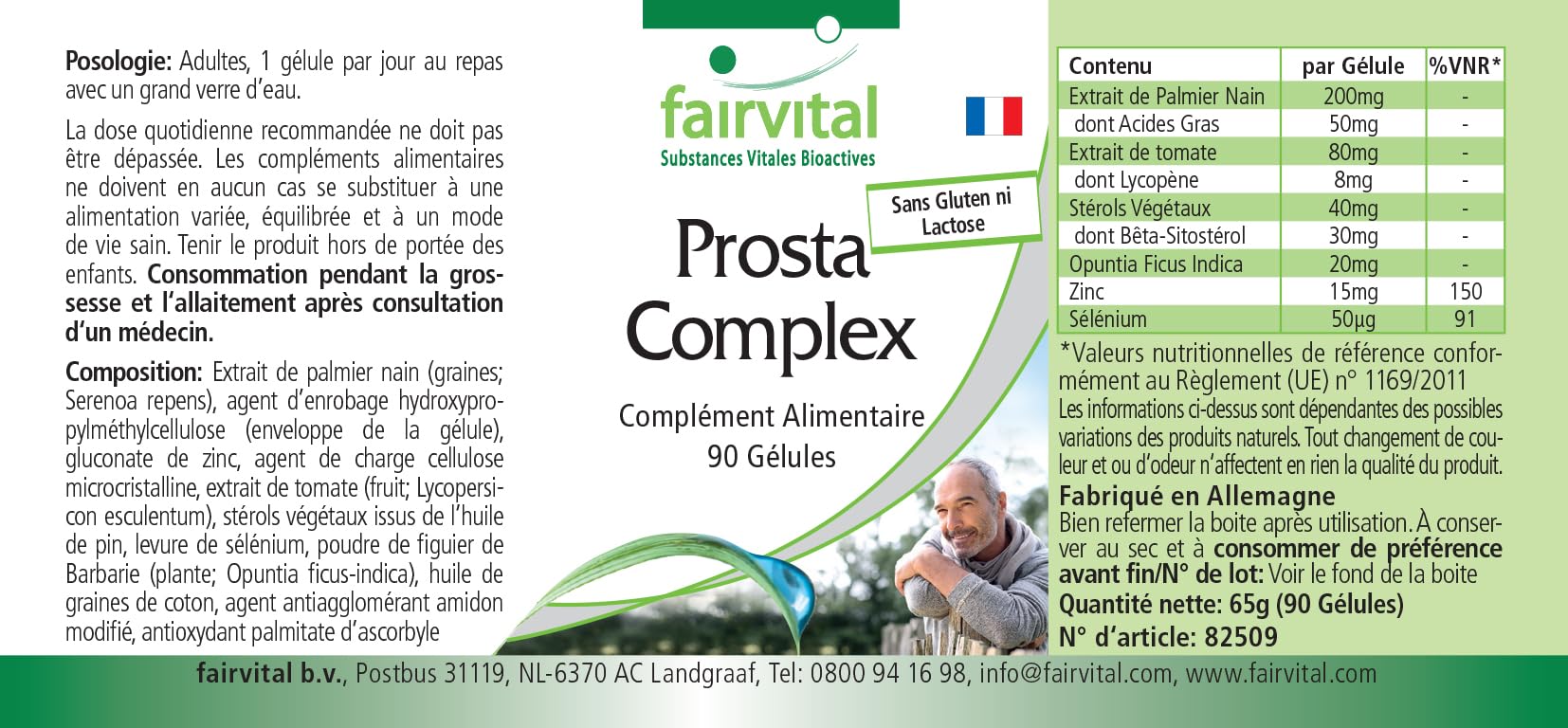 fairvital Prosta Komplex, VEGANO, ALTO DOSAGGIO, 90 capsule, con selenio, zinco, palma nana, licopene, beta-sitosterolo e opuntia