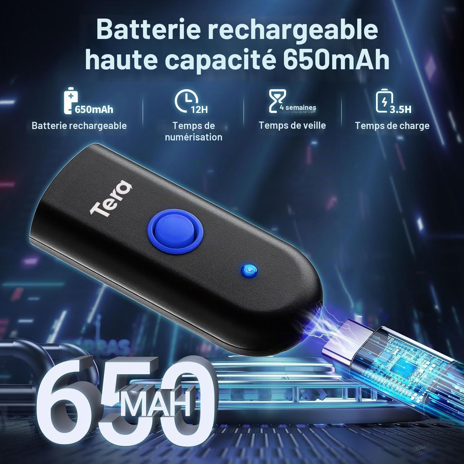 Tera Bluetooth Lecteurs de Code Barre sans Fil 2.4GHz USB (3-en-1) Portable 1D Douchette Scanner Laser Léger pour Smartphone Ecran Compatible avec iOS Android Windows Modèle 1100
