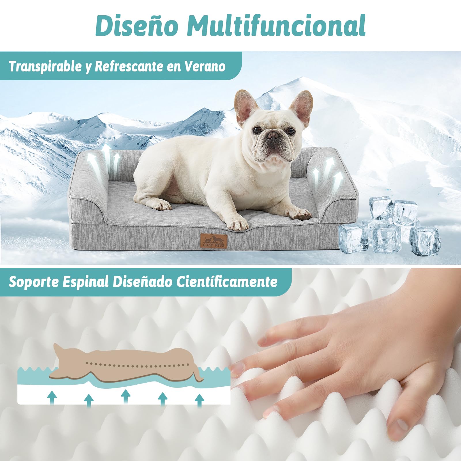 COZY KISS Cama Refrigerante Ortopédica para Perros Talla XL 107x76x18 cm - Sofá Ergonomico para Perros con Funda Desenfundable y Lavable & Espuma de Alvéolos, Impermeable, Gris Plateado, XL