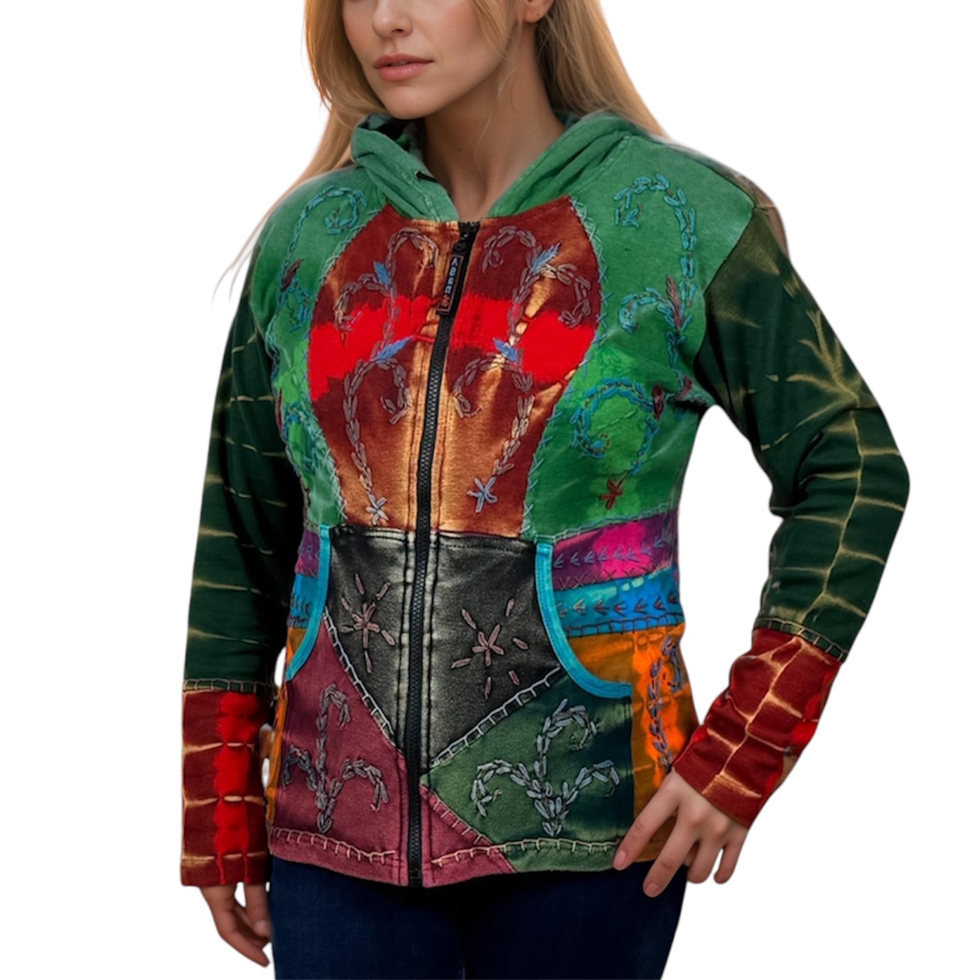 Agan Traders Women's 2026 Winter Boho Rib Knit Patch Tie-dye Hoodie Sweatshirt Jacket