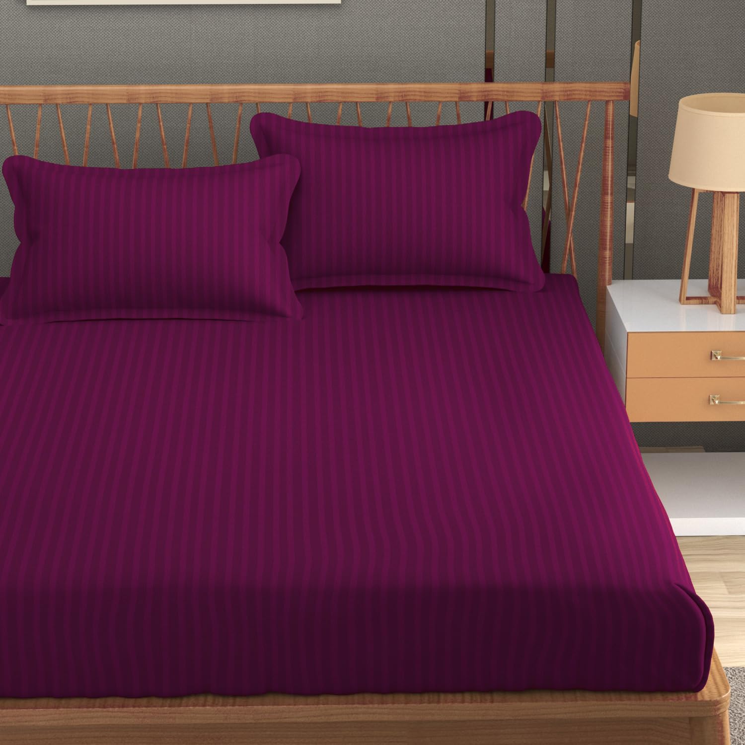 Homefab India 160 TC Stripe Glace Cotton Double BedSheet with 2 Pillow Covers - (90x90 inches) - Dark Pink