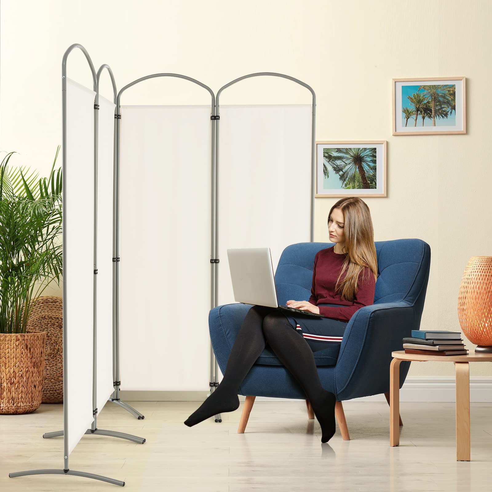 GOPLUS Biombo Separador de Ambientes de 6/4 Paneles, Biombo Plegable para Privacidad con Marco de Metal, Divisor de Habitación Portátil para Salón Dormitorio Oficina (Blanco, 4 Paneles, 221 x 188 CM)