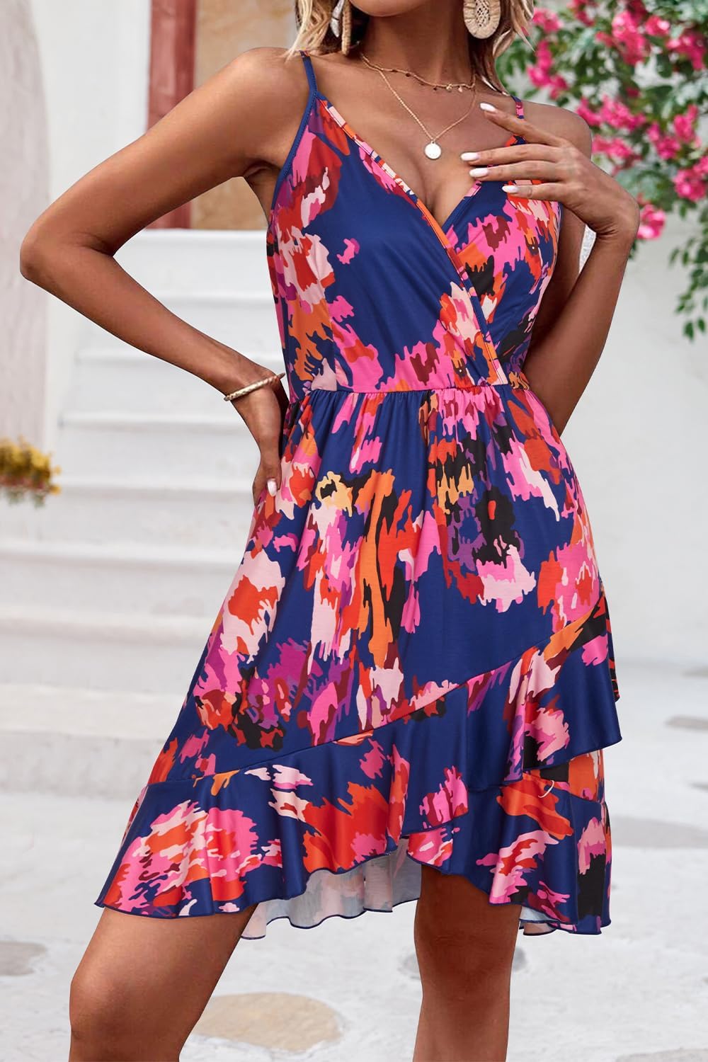 ULTRANICE Womens Summer Dresses Floral V Neck Ruffled Hem Spaghetti Spring Casual Beach Outfits Flowy Wrap Sun Dress - Image 3