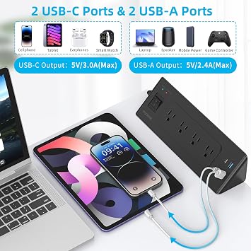 شريط طاقة بمشبك مكتبي مع منفذ Usb C، محطة شحن مكتبية بها 4 منافذ 4 منافذ Usb، واقي من زيادة التيار الكهربائي مثبت على سطح المكتب، سلك تمديد بمقبس مسطح بطول 6.5 قدم، مناسب لحافة سطح المكتب مقاس 1.9 بوصة، أسود