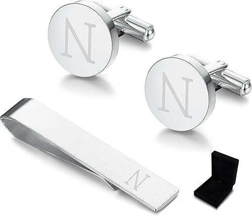 Diamday Cuff Links and Tie Clips Set Personalized Cufflinks for Men Silver Gold Initial Cufflinks Men's Link Shirt Studs Tie Letter Tie Clips and