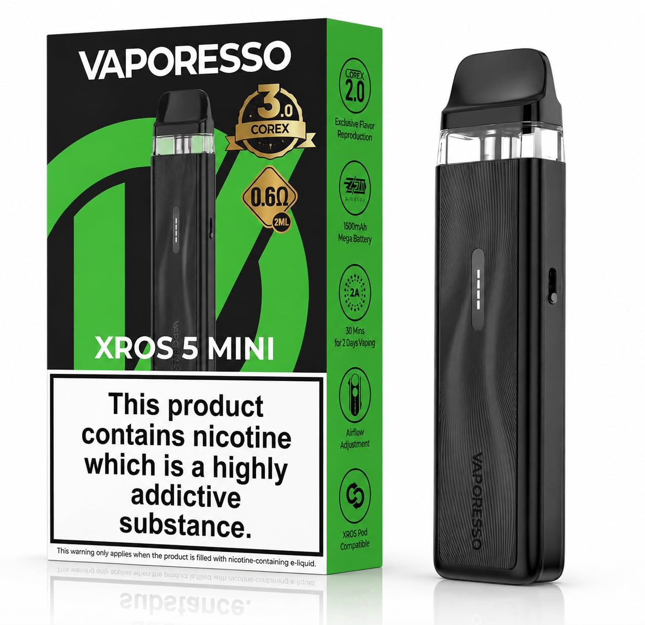 VAPORESSO XROS 5 MINI POD Vape Kit [Black] - Upgraded 1500mAh Battery, COREX 3.0, 2A Fast Charging, Compatible with All XROS Pods, Refillable and Rechargeable, No Nicotine No Liquid