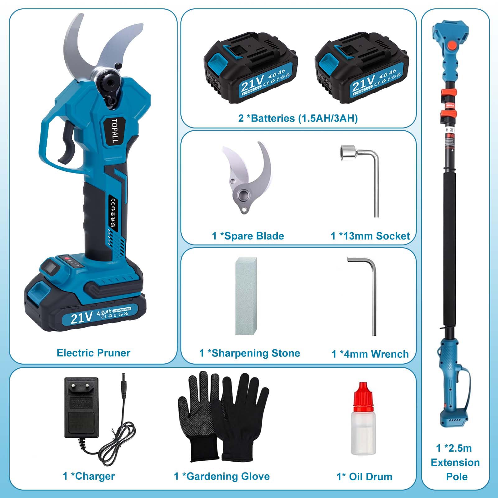 TOPALL Tijeras de Podar Electricas, 40MM Tijeras de Podar Bateria con Palo Telescópicas – Hasta 5M de Alcance, Profesionales Podadora Electrica con 2x4000mAh | 800W Motor Sin Escobillas | Pantalla LCD