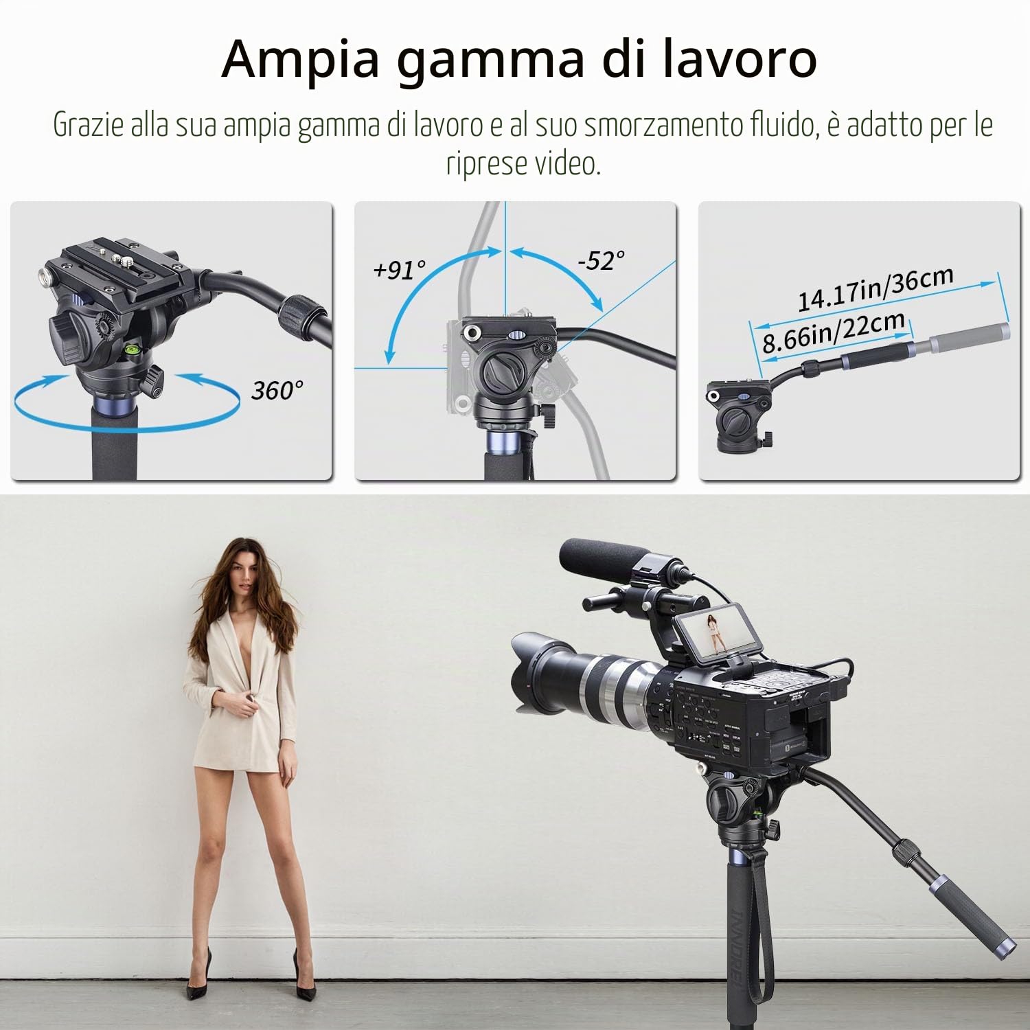 Trípode de cámara profesional Innorel F60, cabezal fluido panorámico con tornillos de 1/4 y 3/8 pulgadas, placa deslizante para cámaras DSLR, videocámaras, monopié, carga máxima de 22 lb / 10 kg