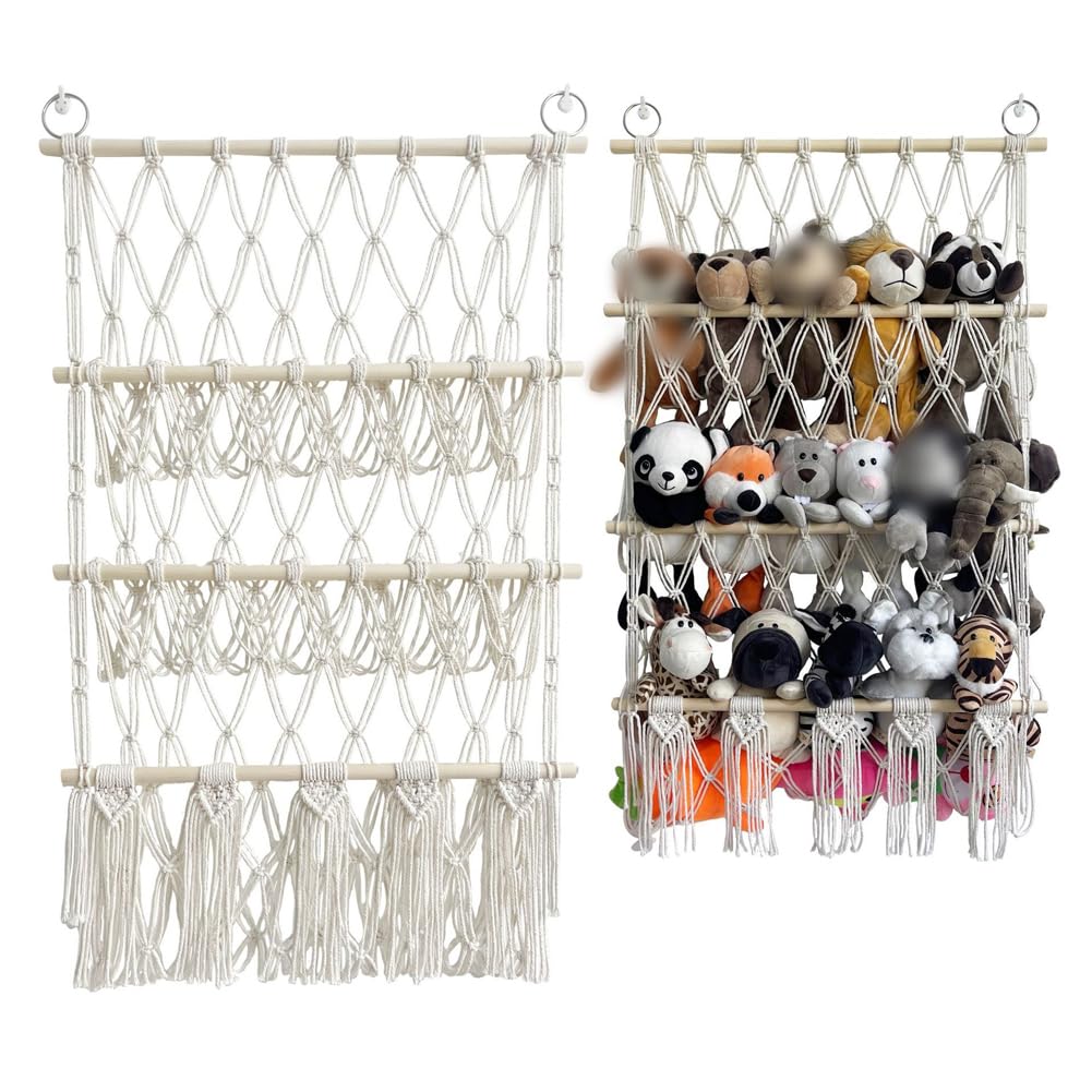 Hamac de Rangement pour Jouets Tissée à la Main en Corde de Coton à Suspendre Support de Rangement Peluche