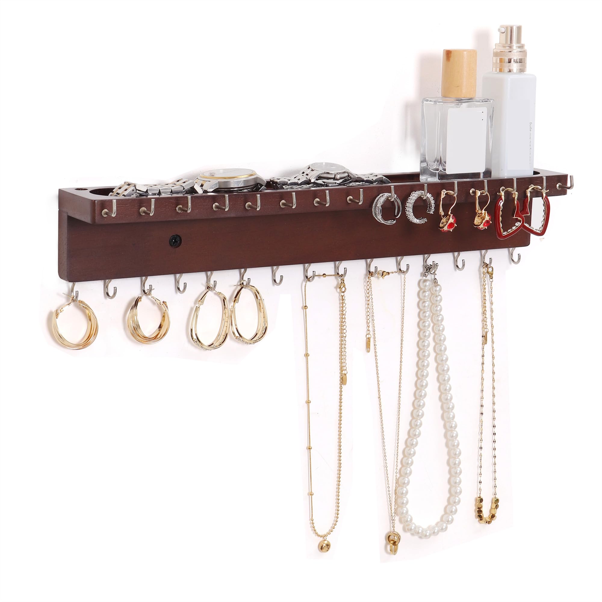 Organizer per collana da parete con 30 ganci, in rovere e contenitore per collane, bracciali e anelli (noce)