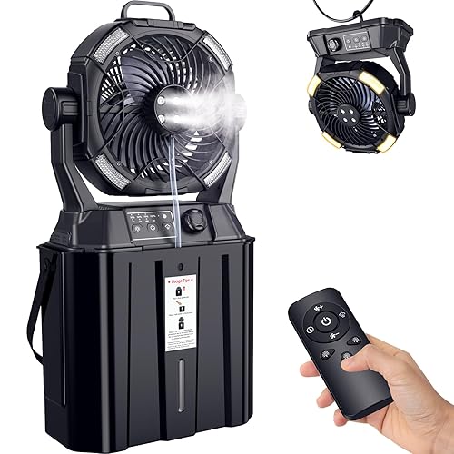 MAGTHIC Misting Fan Portable for Outside Patios- 20000mAh Rechargeable Battery Powered fan, 3 LED Light Modes & Stepless Speed Control Camping Fan with 6L Bucket, Remote Control