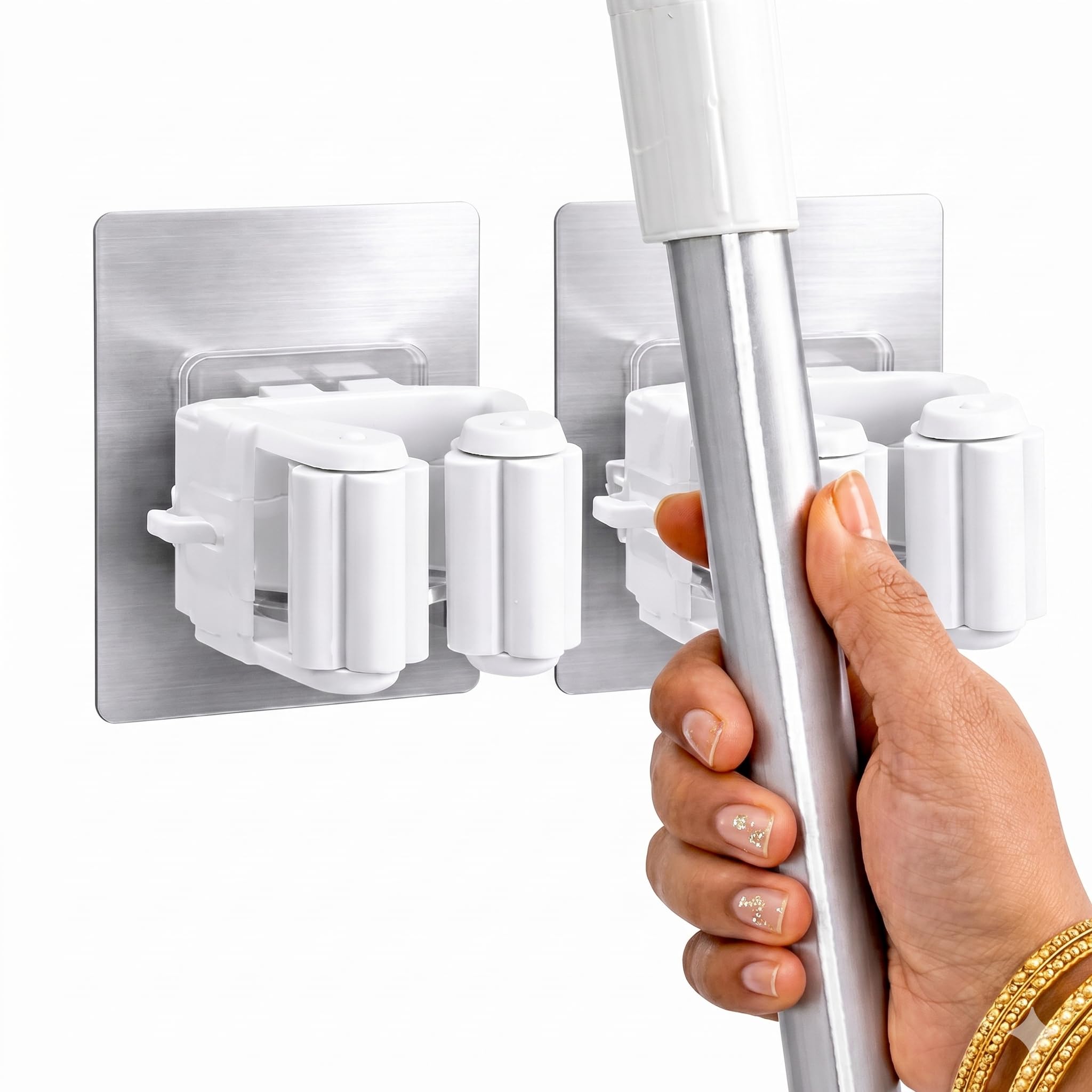DecorTwist Wall Mounted Broom & Mop Holder with Hooks | Heavy Duty Polypropylene Cleaning Tool Organizer | Space Saving Broomstick Stand for Home, Kitchen & Bathroom (Style 3, Pack of 2)-image-38