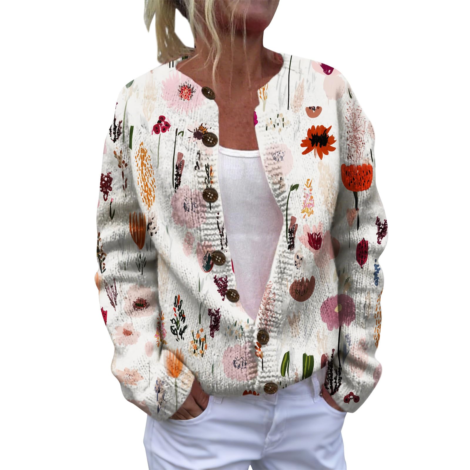 Boho Floral Print Sweaters for Women Open Front Cardigan Long Sleeve Chunky Knit Sweater Button Up Fall Trendy